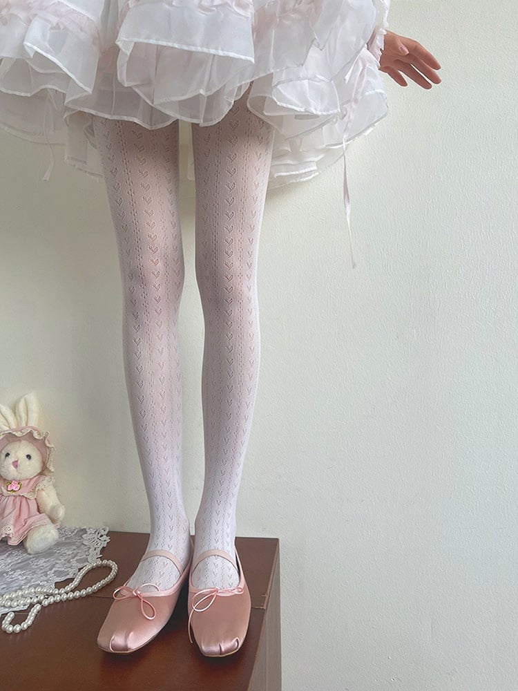 White Hollow-out Pattern Heart Lolita Tights
