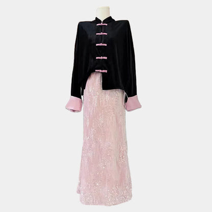 Enchanting Buckle Shirt Sequin Decor Pink Fishtail Skirt