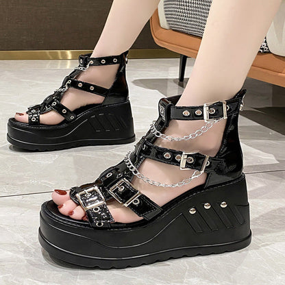 Y2K Black Open Toe Wedge Heel Sandals