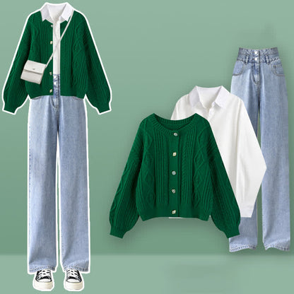 Cable Green Cardigan Sweater Lapel Shirt Denim Pants Set