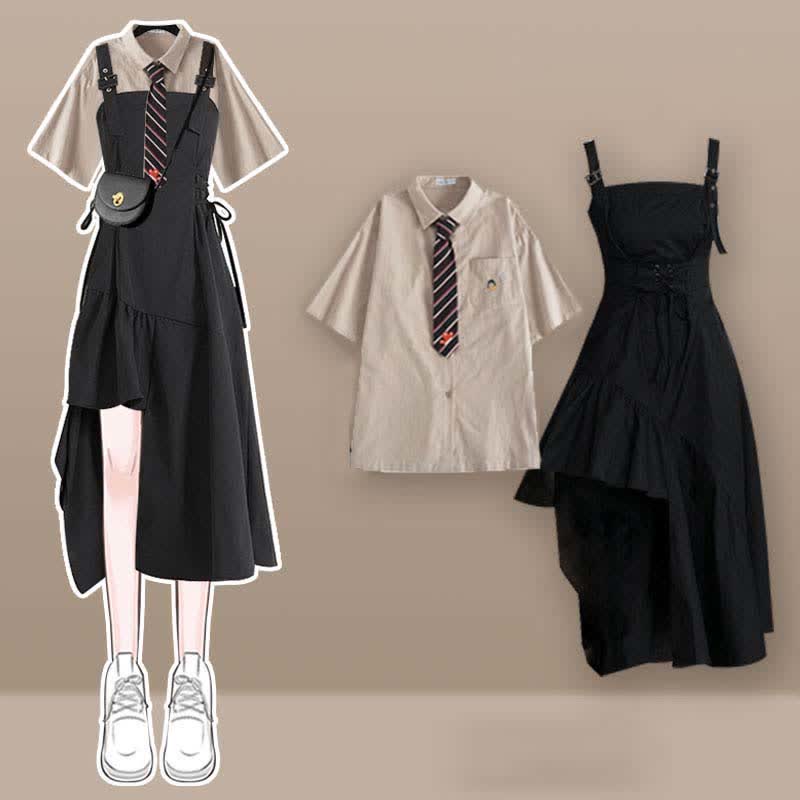 Black Pocket Lapel Tie T-Shirt Irregular Slip Dress Set W710