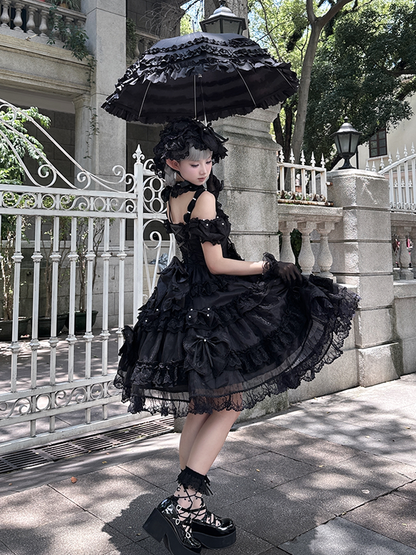 with Black Details Dress Big Accents Princess Lolita Bead All at Back and Bow