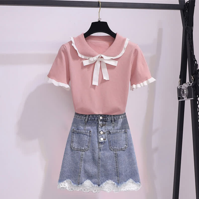 Bowknot Knitted T-Shirt High Waist Denim Skirt