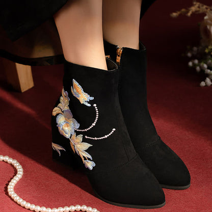 Vintage Blossom Embroidery Zipper Boots