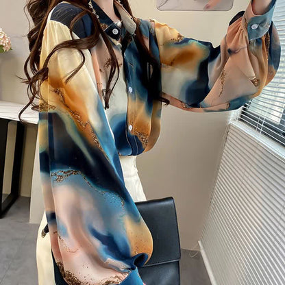 Fashion Colorblock Tie-dye Print Puff Sleeve Shirt