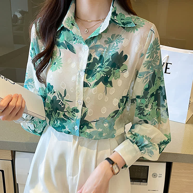 Green Floral Print Puff Sleeve Chiffon Shirt