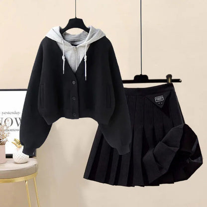 Colorblock Pocket Hoodie Pleated Skirt Set