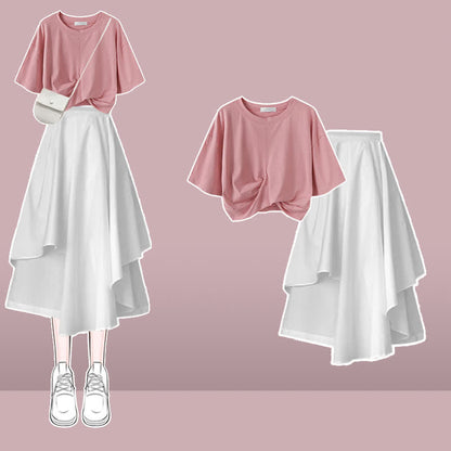 Bow Round Collar Bowknot Crop T-Shirt Irregular Skirt