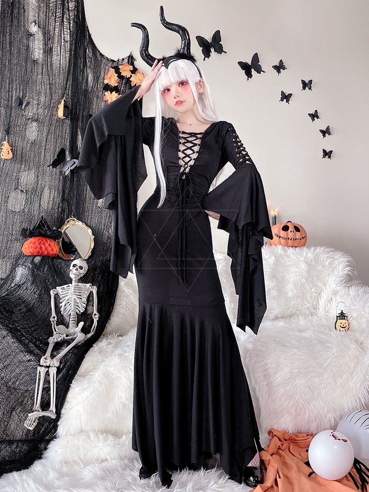 Halloween Costume Black Wide Bat Sleeves Witch Dress