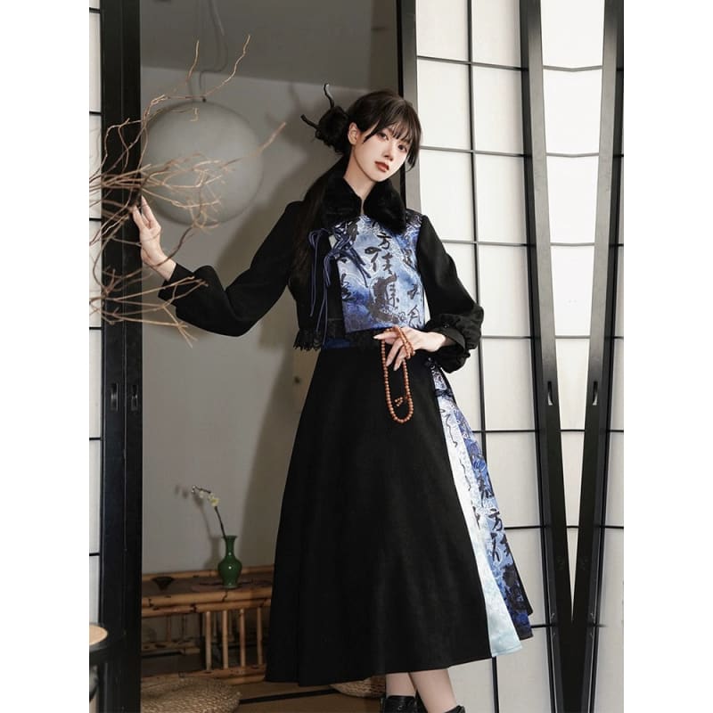 Black with Blue Chinese Cheongsam Dress - Modern Hanfu