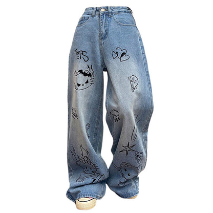 Blue Cat Print Jeans