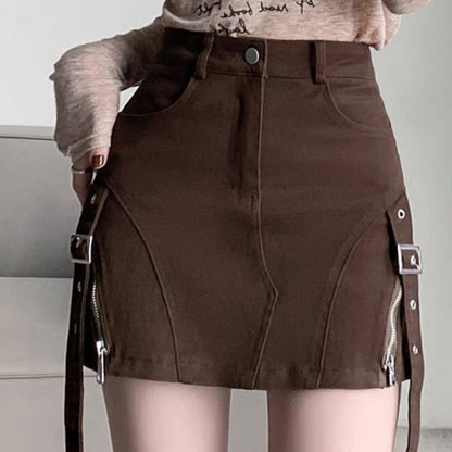 Brown Denim Buckle Skirt