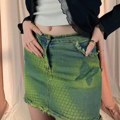 Butterfly Green Denim Skirt