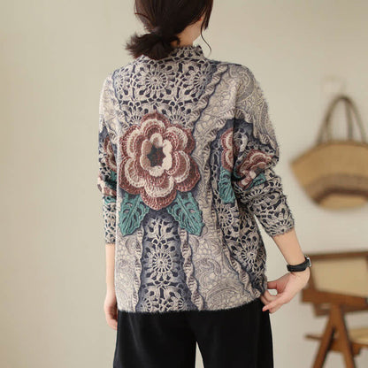 Retro Blossom Print Mock Tutleneck Sweater