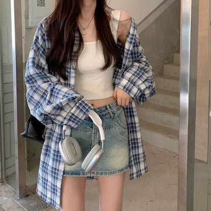 Blue Plaid Print Pocket Long Sleeve Lapel Shirt W724