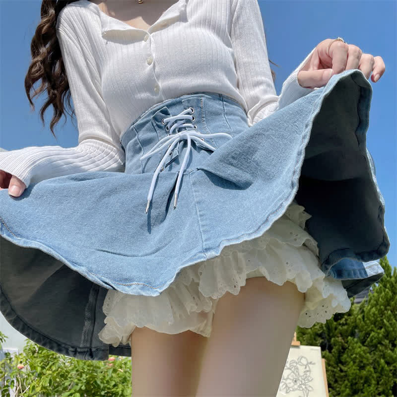 Sweet High Waist Lace Undershorts Lace-up Denim Skirt