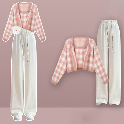 Pink Plaid Top Cardigan Sweater White Pants Set