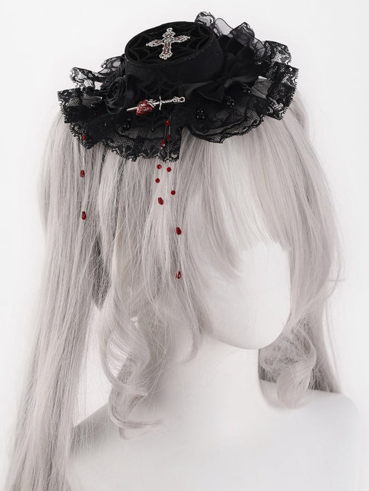 Black Rosette Bowknot Mini with Red Beads Hat