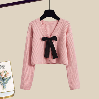 Pink Bow Knot Knit Cardigan Sweater Irregular Suspender Dress