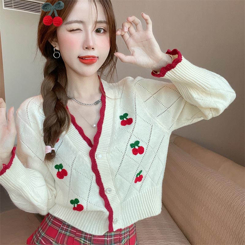 Cherry Embroidery Sweater Plaid Skirt Set