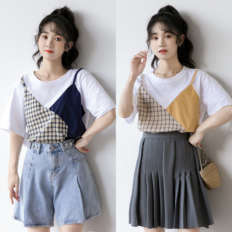 Sweet Plaid Color Block Fake Two Piece T-Shirt