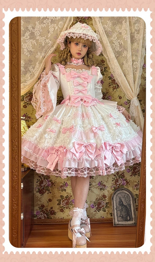 Princess Detachable with White High Sleeves Waist Accents Sweet Lolita Pink Dress Bow