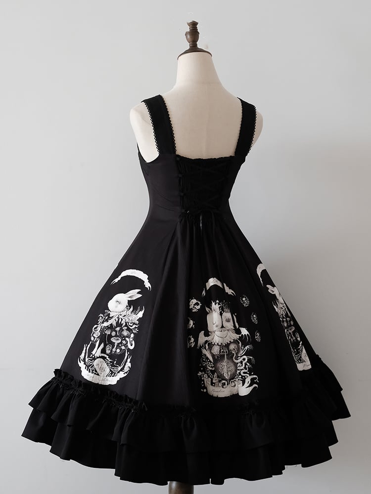 Bunny Gothic Dress Print Slim Fit Dark Waist Black Lolita