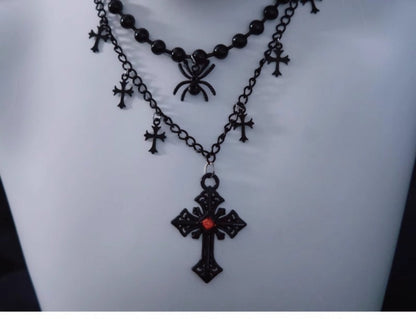 Spider Cross Pendant Black Triple Layered Necklace