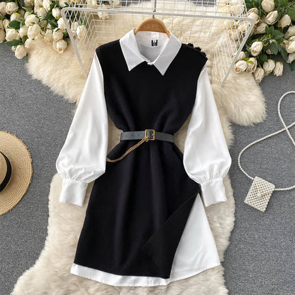 Black Split Knit Vest Lapel Shirt Dress Set With Belt