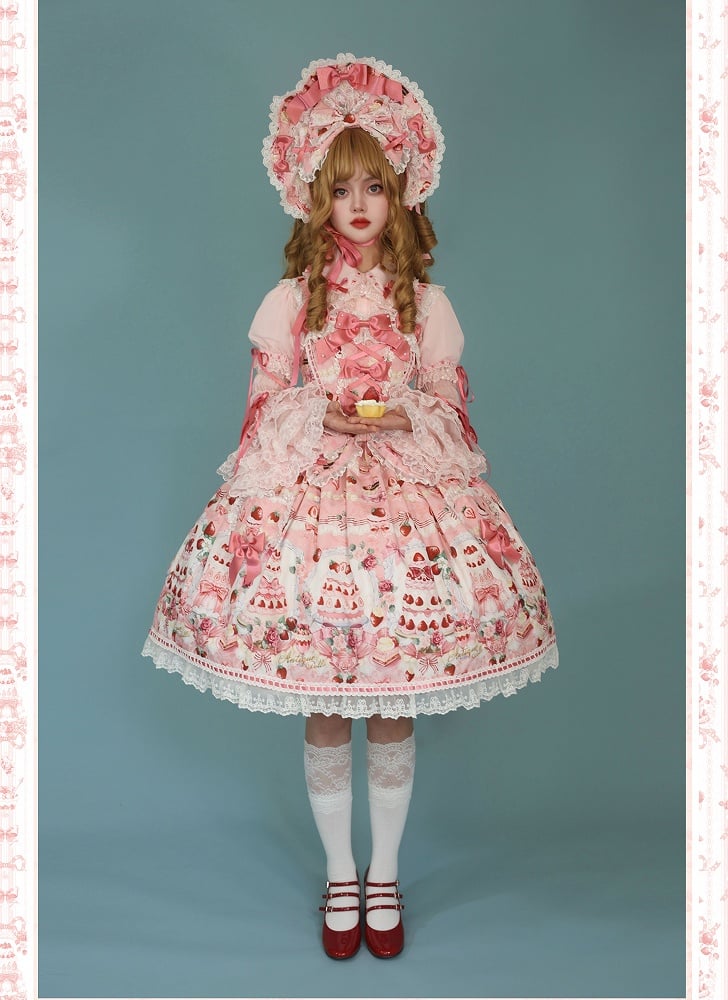 Pink Strawberry and Print JSK Full / Bow Sweet Set Lolita Desserts Accents