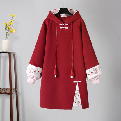 Vintage Crane Embroidery Plush Sweatshirt Dress