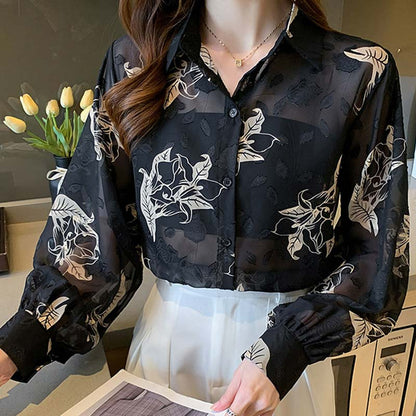 Black Floral Print Puff Sleeve Chiffon Shirt