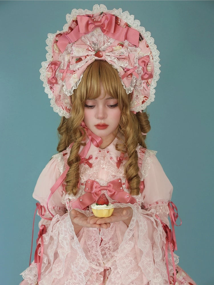 / White Lolita Bonnet Yellow Pink Sweet
