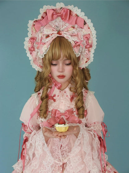 / White Lolita Bonnet Yellow Pink Sweet