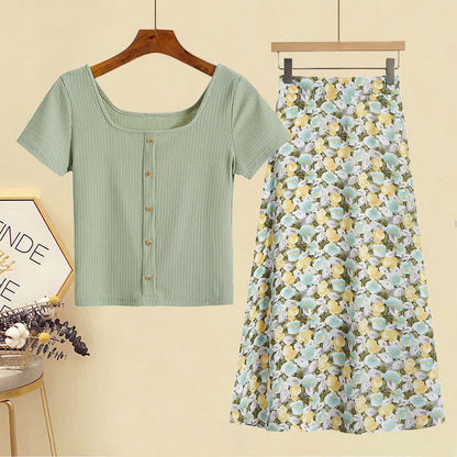 Sqaure Collar Pure Color T-Shirt Floral Print Skirt Set