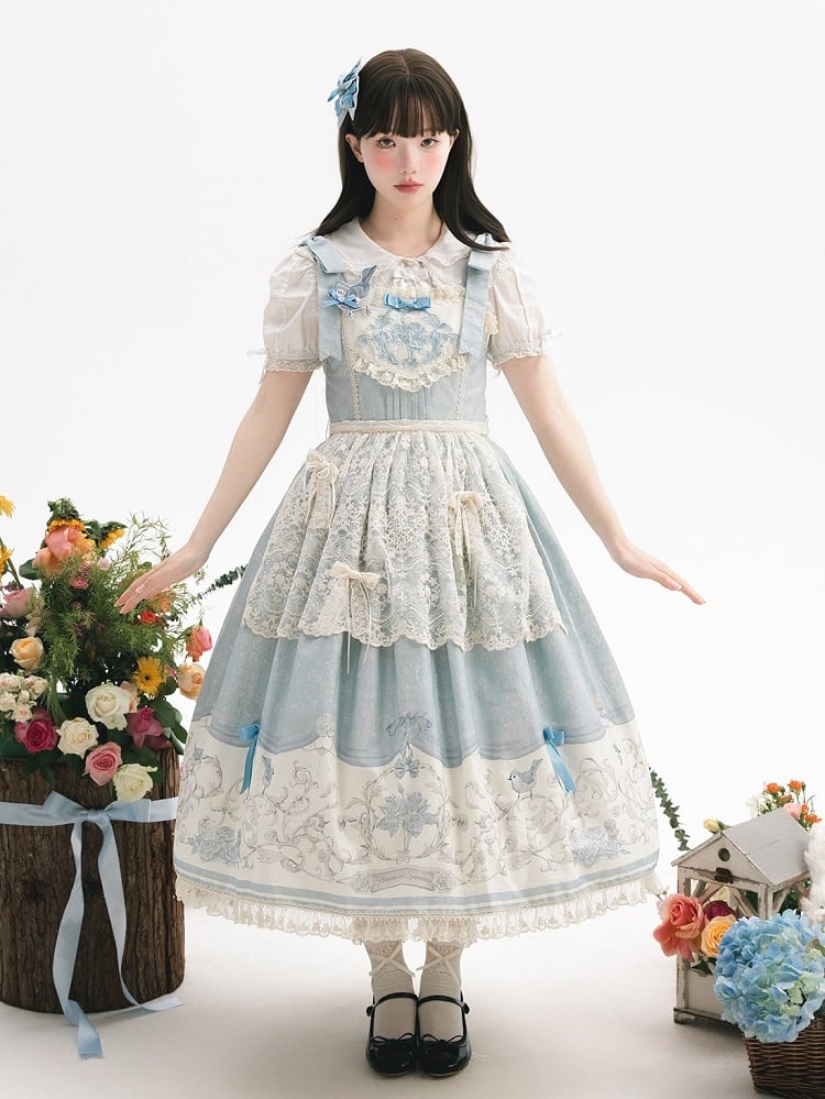 Blue Jumper Floral and Titmouse Print Skirt Lolita