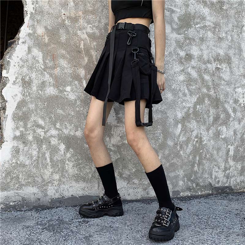 Chic Black Pocket Belted A-line Pleated Skirt