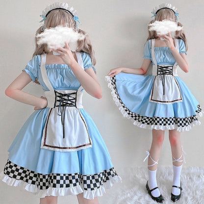 Blue Lace Up Lattice Rulffled Lolita Dress