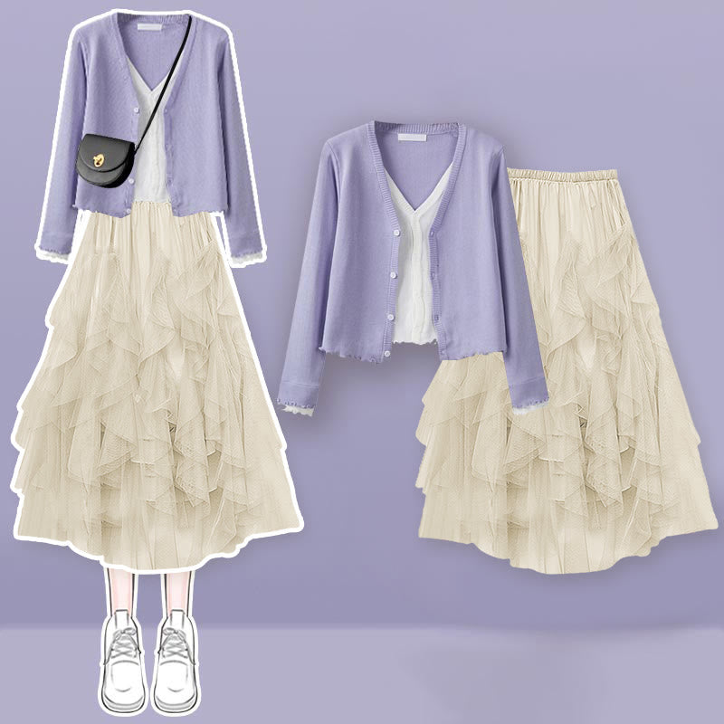 Colorblock Fake Shirt Tulle Tiered Skirt Set