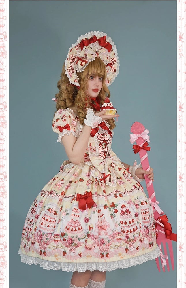 Yellow Sweet Set Lolita Full Strawberry Accents / Dress Print Cake Bow