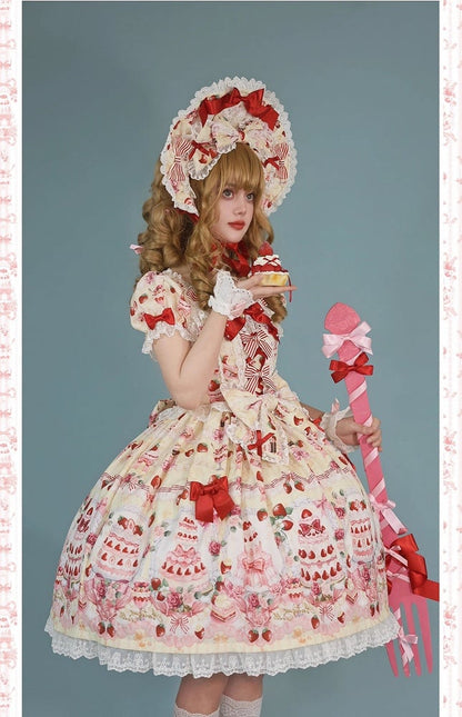 Yellow Sweet Set Lolita Full Strawberry Accents / Dress Print Cake Bow