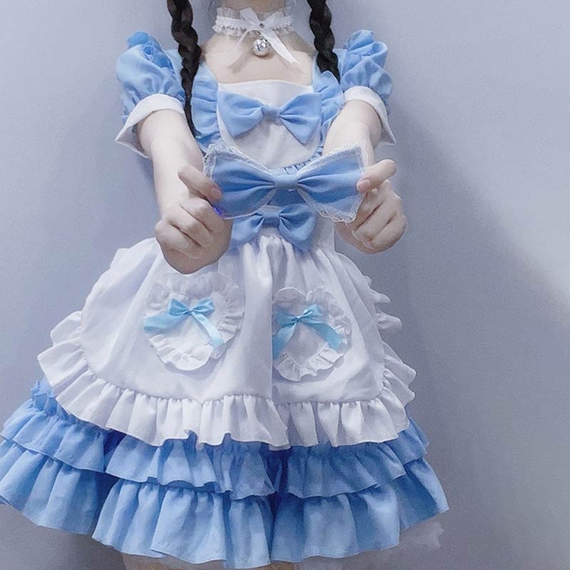 Kawaii Blue Lace Up Bow Maid Lolita Dress