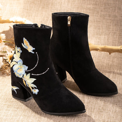 Vintage Blossom Embroidery Zipper Boots