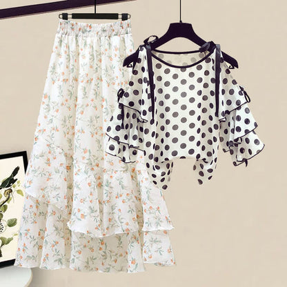 Floral Print Shoulder Chiffon Shirt Flowers Skirt