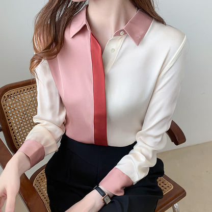 Pink White Colorblock Lapel Shirt Workwear