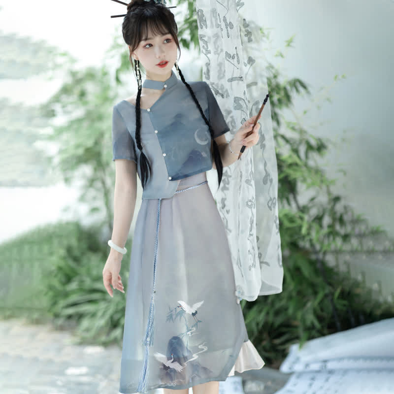 Vintage Crane Print Irregular T-Shirt Skirt