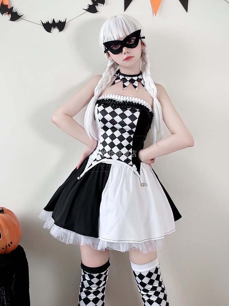 Halloween Black White Clown Costume Top and Skirt