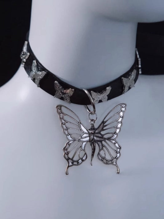 Handmade Metal Butterfly Pendant Black Choker