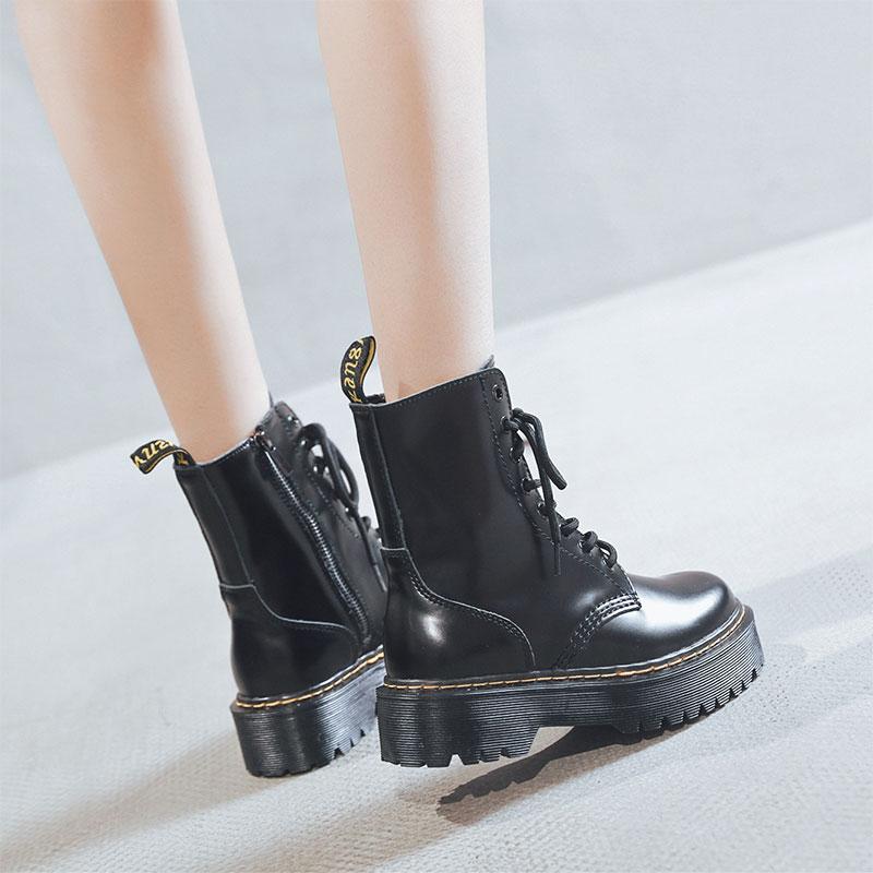 Black Leather Platform Lace Up Martin Boots