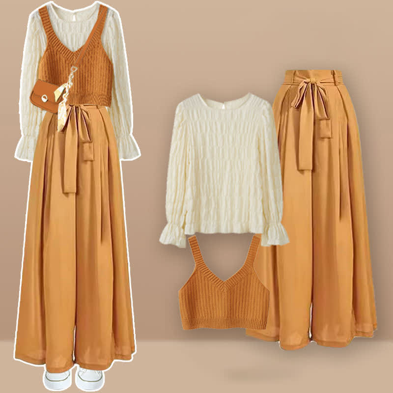 Orange V-neck Knit Vest Shirt Wide Leg Pants